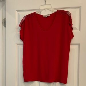 LOFT Red V-Neck Top with Crochet Shoulder Trim